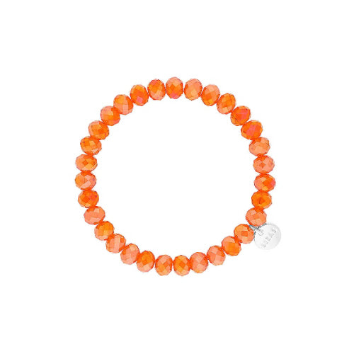 Stretchy bracelet with faceted glass beads in a colorful beaded pattern.