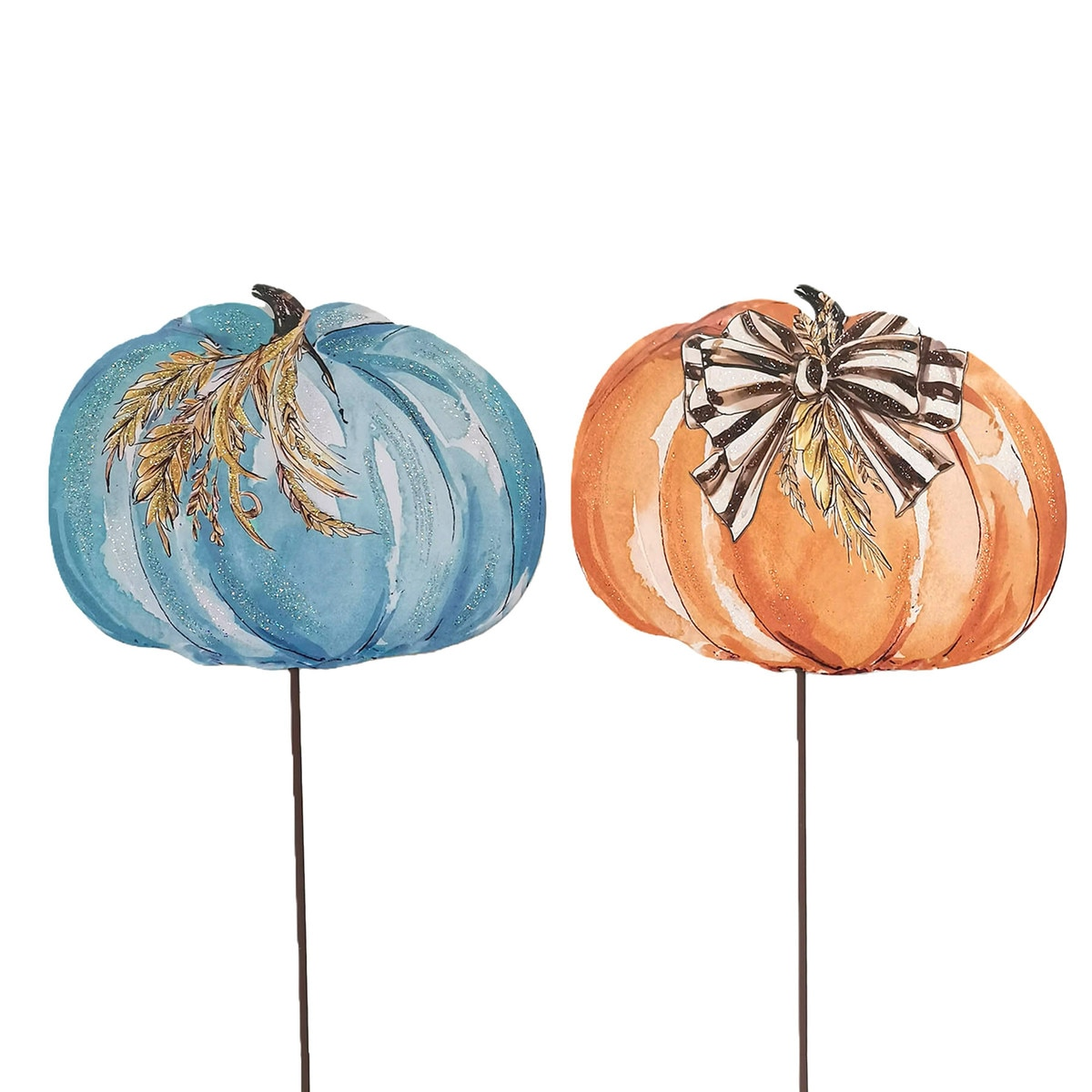 Two metal pumpkin garden stakes, one blue with wheat and one orange with a striped bow.