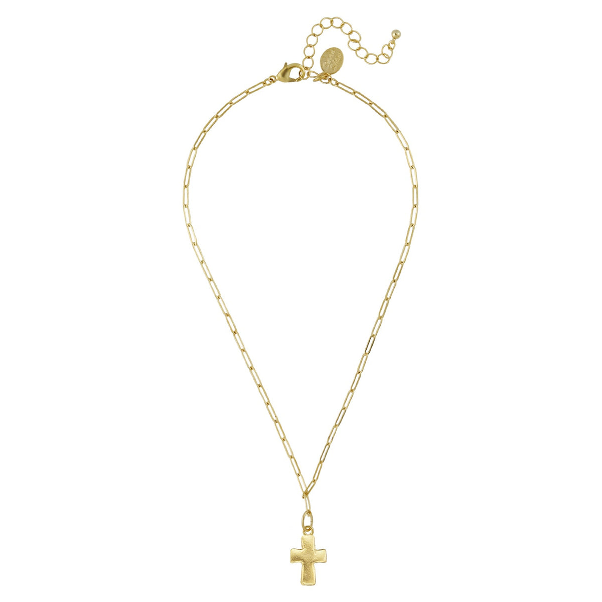 Gold paperclip chain necklace with a small textured cross pendant and lobster claw clasp.