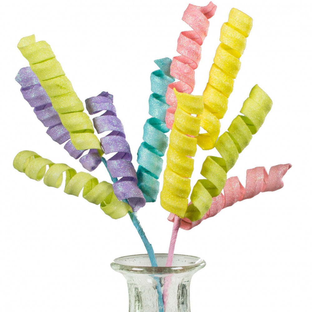 Metallic glittered curly sprig pick in light yellow with pink wired stem