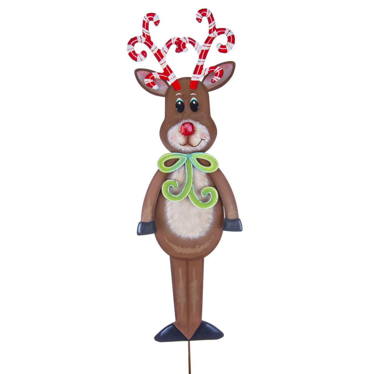 Rudolph the Red-Nosed Reindeer candy cane figurine with red nose and antlers on a stake.