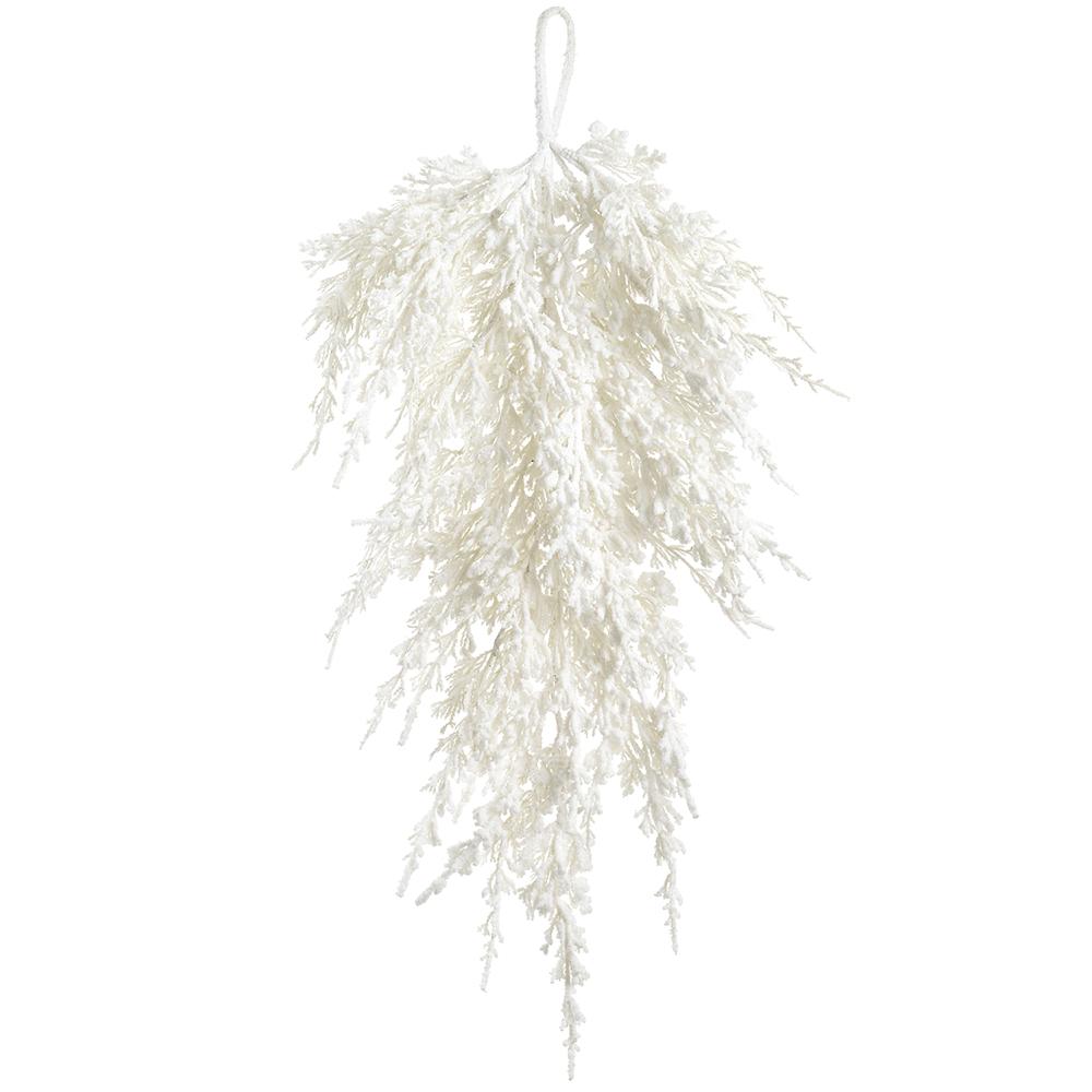 30-inch white snowed teardrop swag with frosted evergreen branches and a hanging loop.