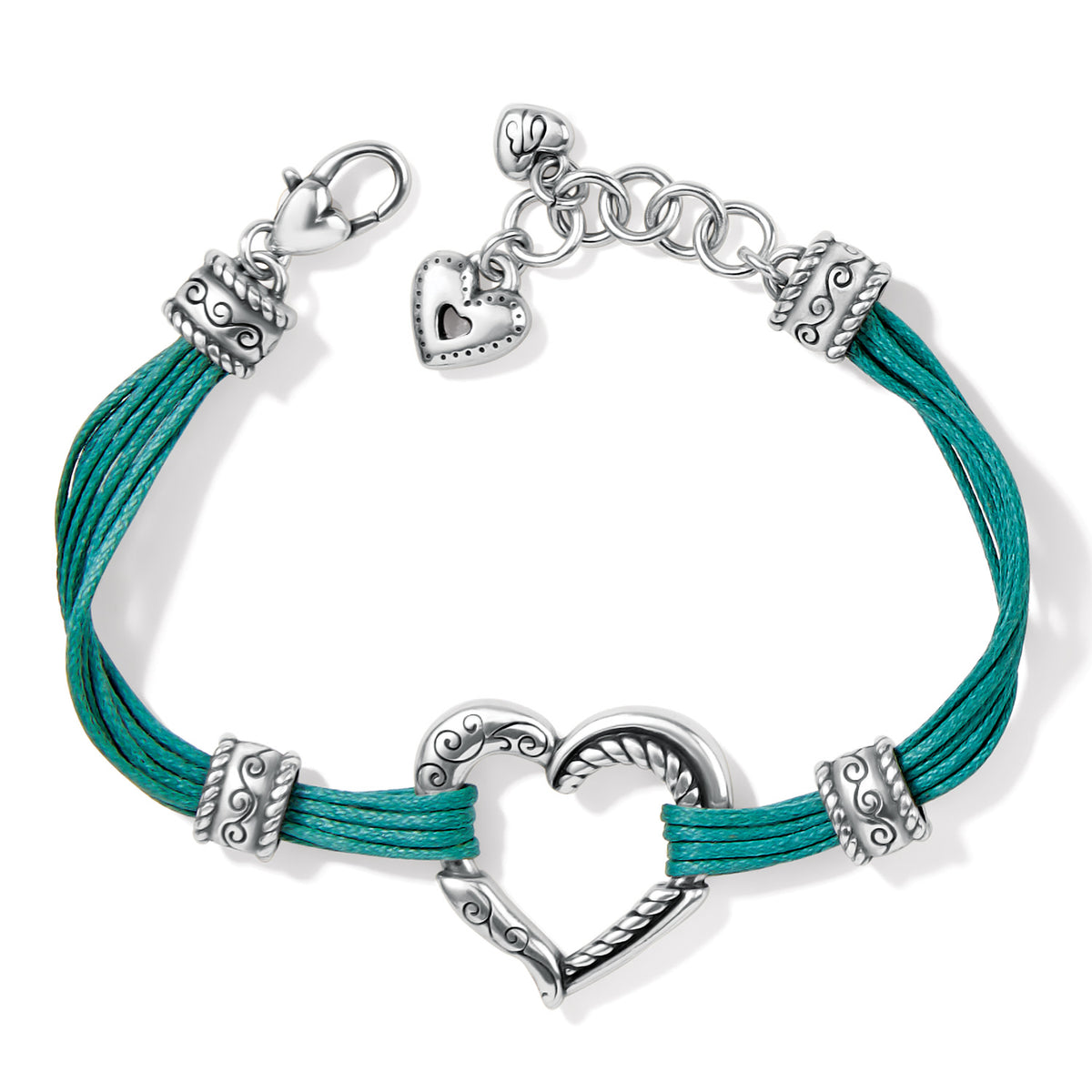 Adjustable silver-plated cotton cord bracelet with a heart-shaped pendant.