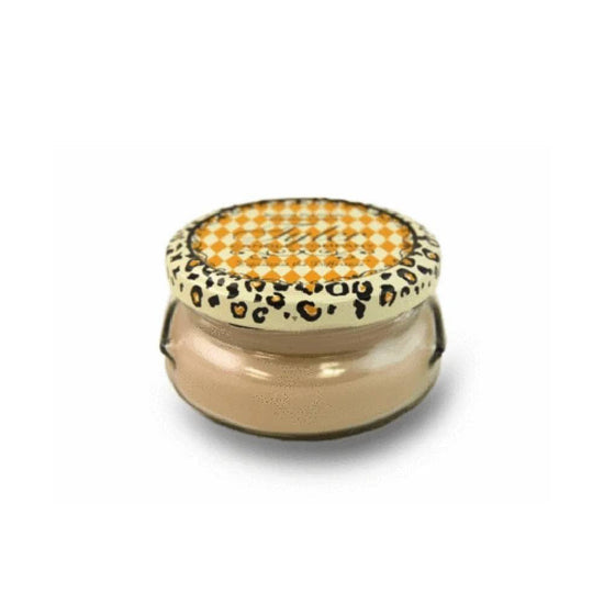 3.4oz Tyler candle in a glass jar with a leopard print and checkered patterned lid.