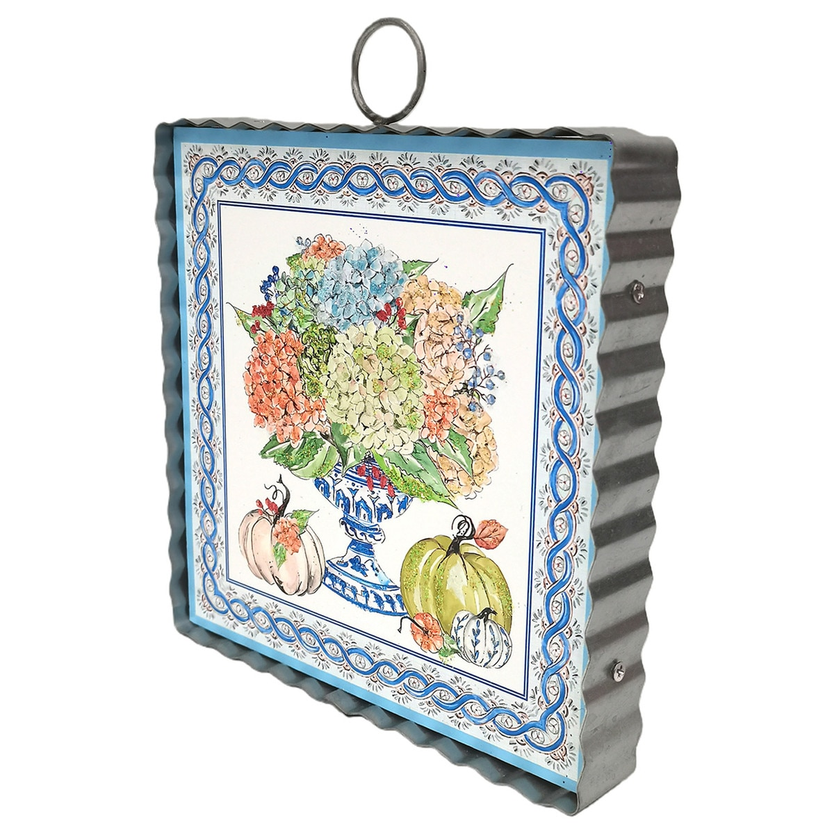 Mini Art Autumn Hydrangea wall decor in a corrugated metal frame with pumpkins and floral design.