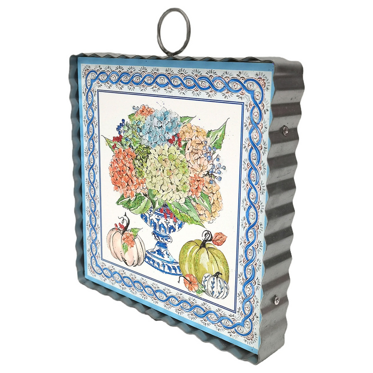 Mini Art Autumn Hydrangea wall decor in a corrugated metal frame with pumpkins and floral design.