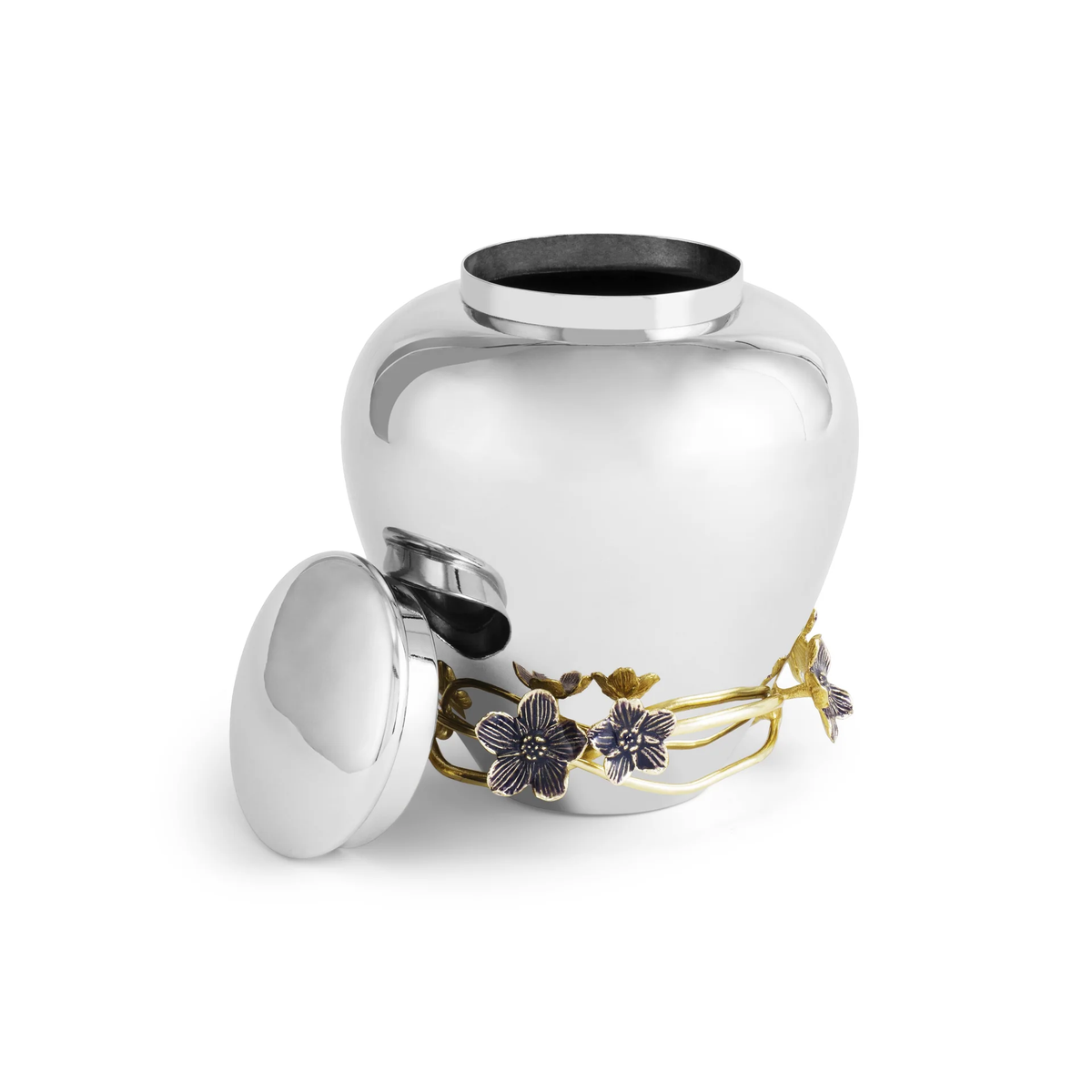 Small stainless steel urn with goldtone finish featuring purple enamel Forget Me Not flower pattern.