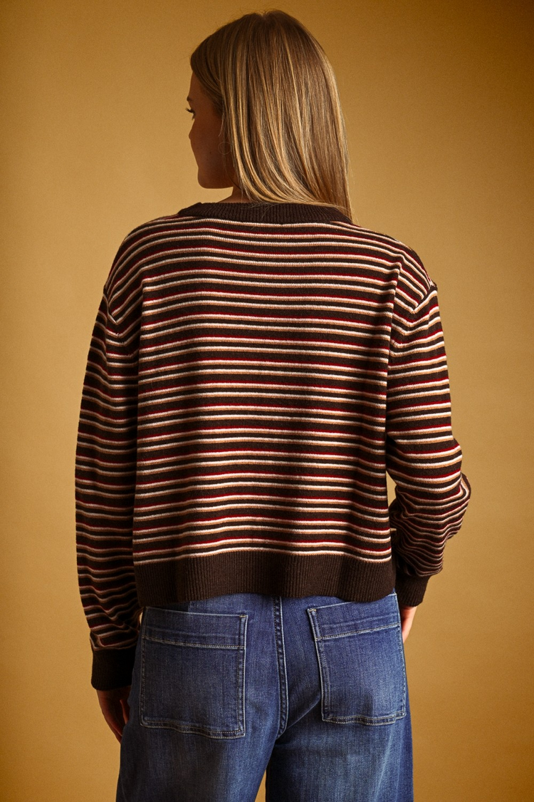 Back view of a woman wearing a multi-color striped knit top with brown ribbed trim and blue jeans.