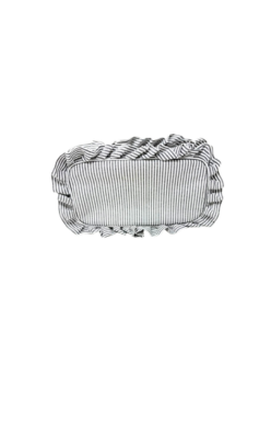 Top view of a blue and white striped seersucker pouch with a ruffled edge and gold zipper.