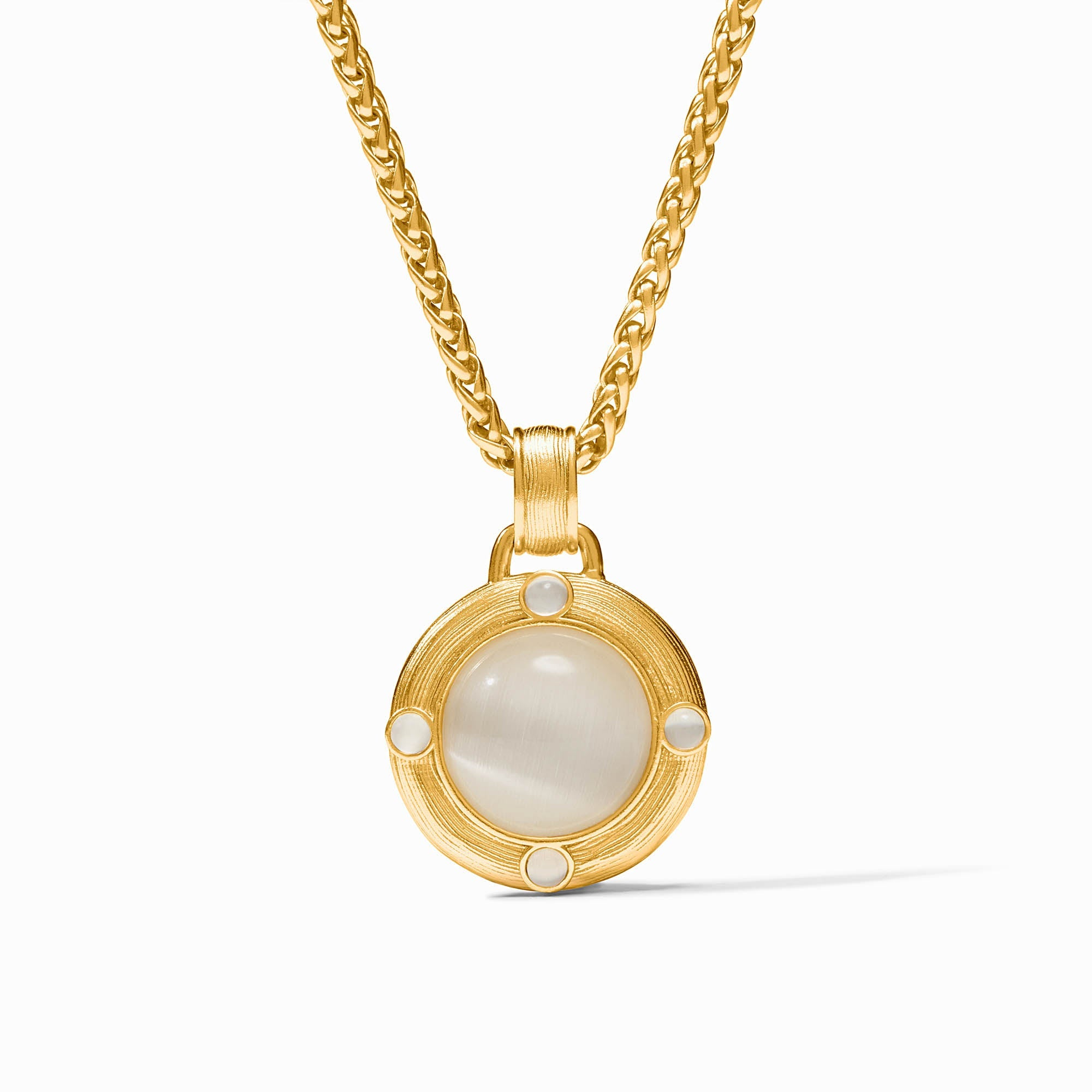 Cobblestone Demi Necklace in 24K gold plate with a round white glass pendant on a woven chain.