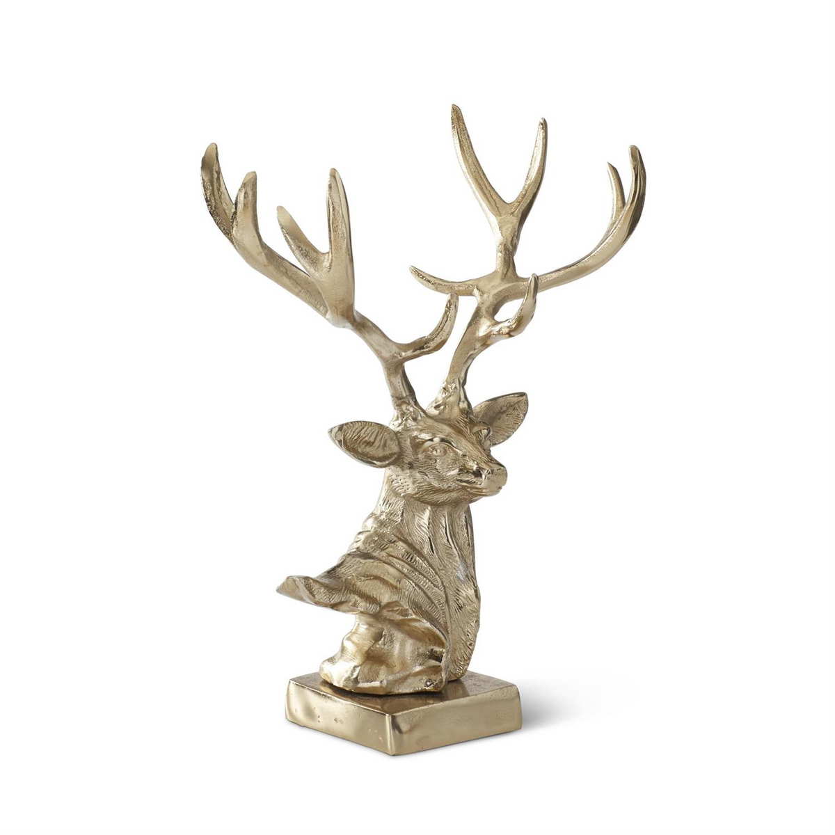 17 inch gold metal deer bust with large antlers on a square base.