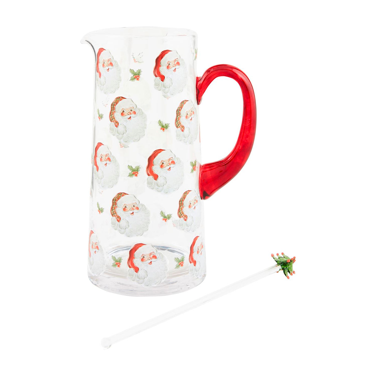 Santa-themed ceramic pitcher set with matching stirrers in red and white colors.