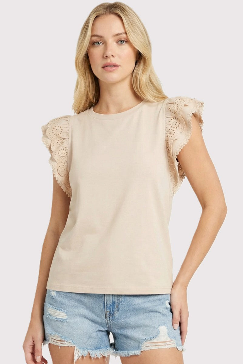 Addison scalloped eyelet laced sleeve top in cream cotton with crew neck and cap ruffle sleeves.