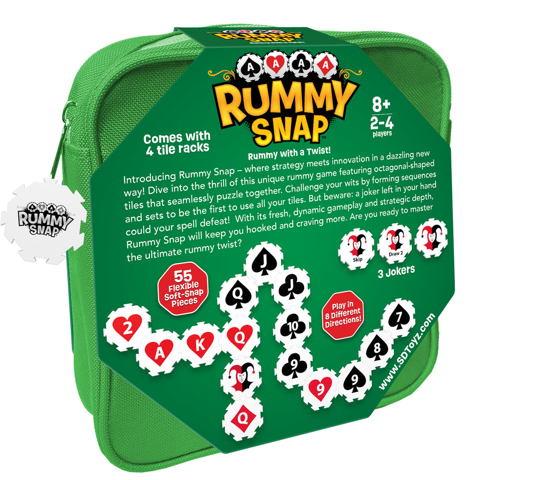 Rummy Snap game with octagonal puzzle tiles in canvas zipper pouch
