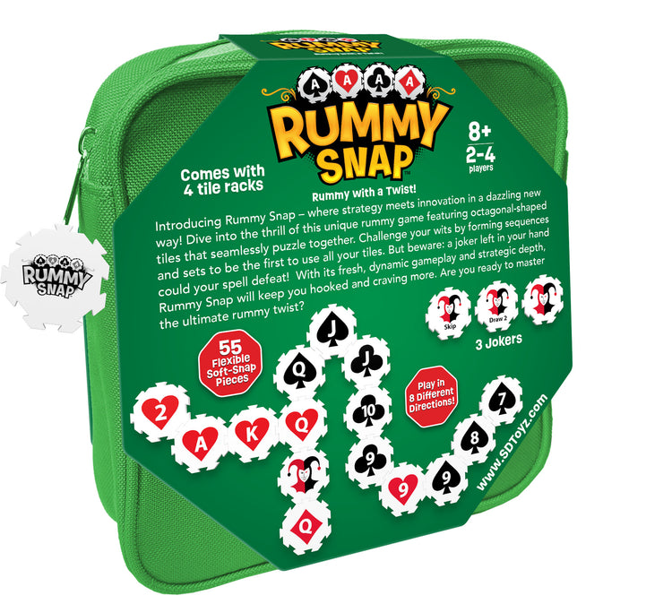 Rummy Snap game with octagonal puzzle tiles in canvas zipper pouch