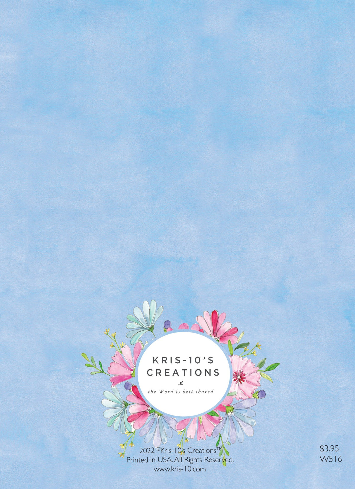 Back of a blue wedding card featuring a floral wreath logo and copyright information.