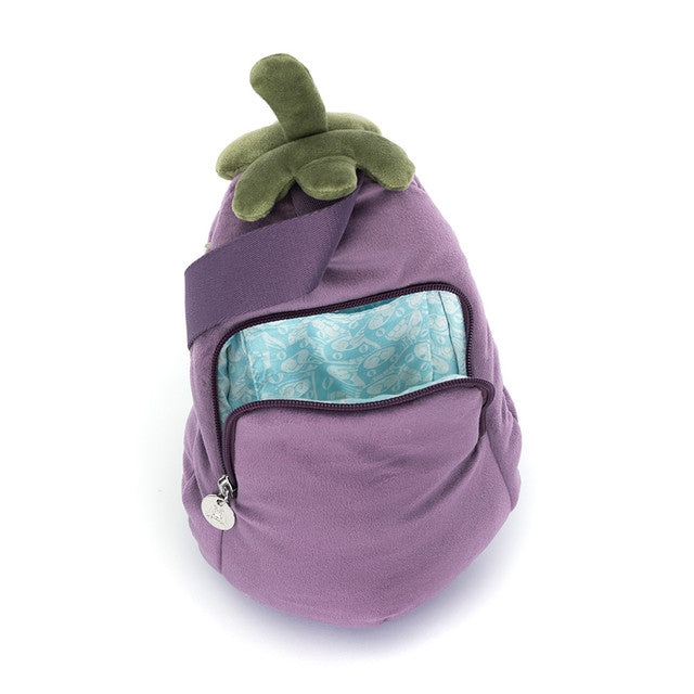 Amuseables Eggplant Bum Bag in purple plush with a green stem and blue patterned lining.