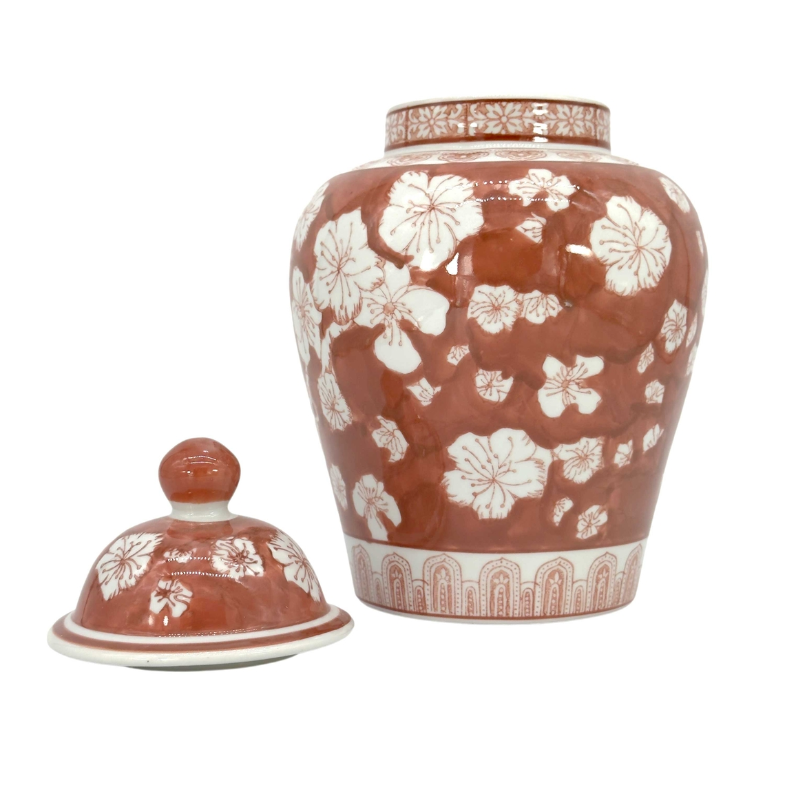 12-inch coral red and white floral chinoiserie ceramic ginger jar with matching lid.
