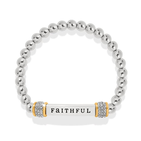 Meridian Faithful Two Tone Stretch Bracelet with silver beads and a bar engraved with 'FAITHFUL'.