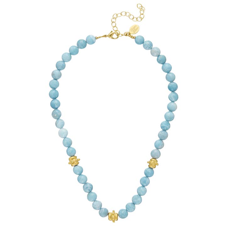 Bailey Necklace featuring light blue genuine stone beads and three gold Bentley Beads.