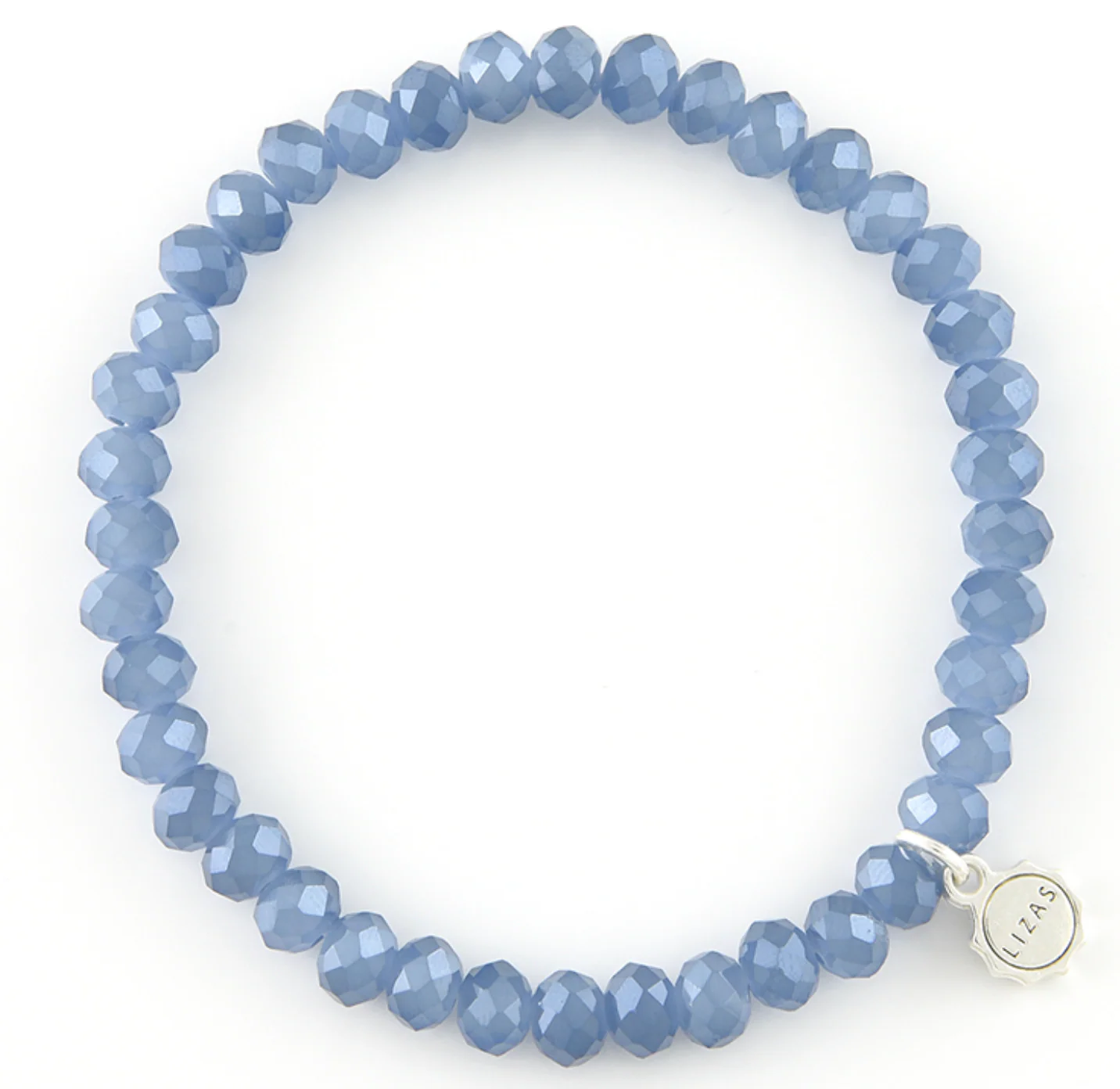 Lizas Quadro Big crystal stretch bracelet in light blue with a silver logo charm.