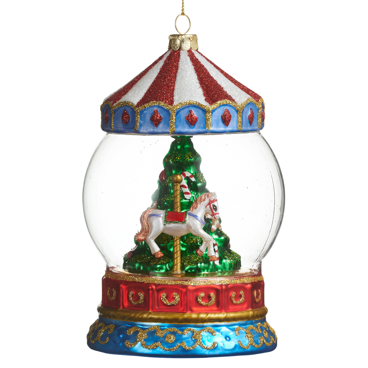 Glass carousel snow globe ornament with a white horse, Christmas tree, and red striped tent top.