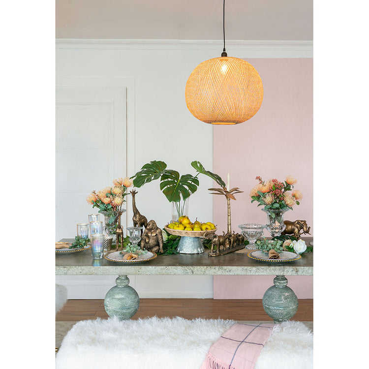 Round woven bamboo chandelier with iron frame in natural finish