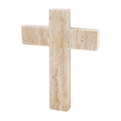 Cream travertine cross-shaped stoneware candle holder measuring six inches by four and a half inches.