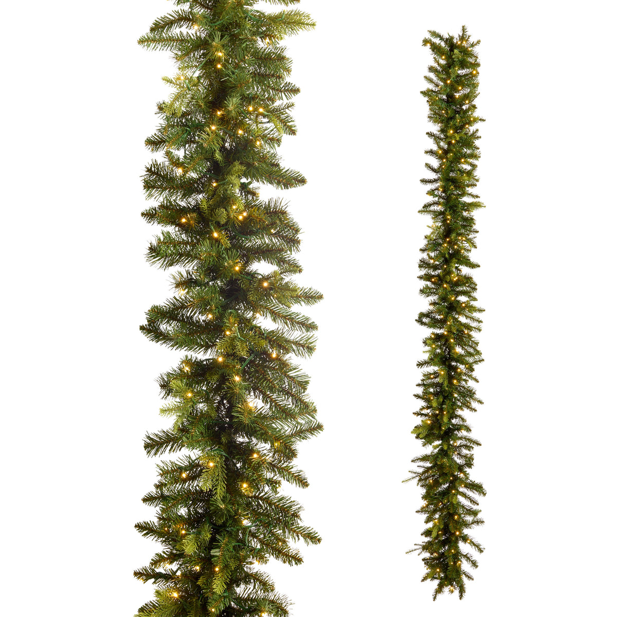 9-foot pre-lit Balsam Fir garland with warm white lights, shown in a close-up and full-length view.