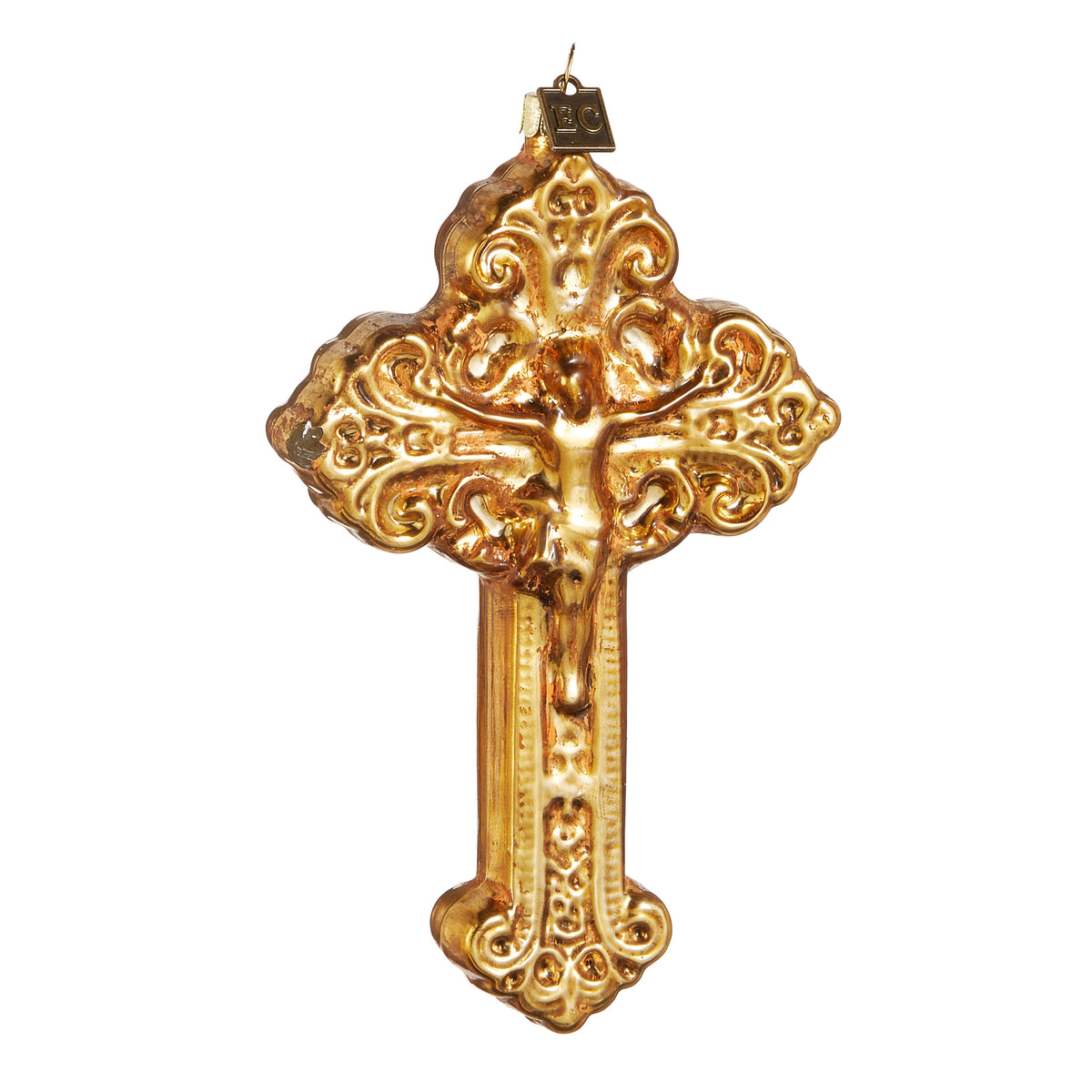 Gold glass Cross of Grace ornament with ornate scrollwork and a central crucifix figure.