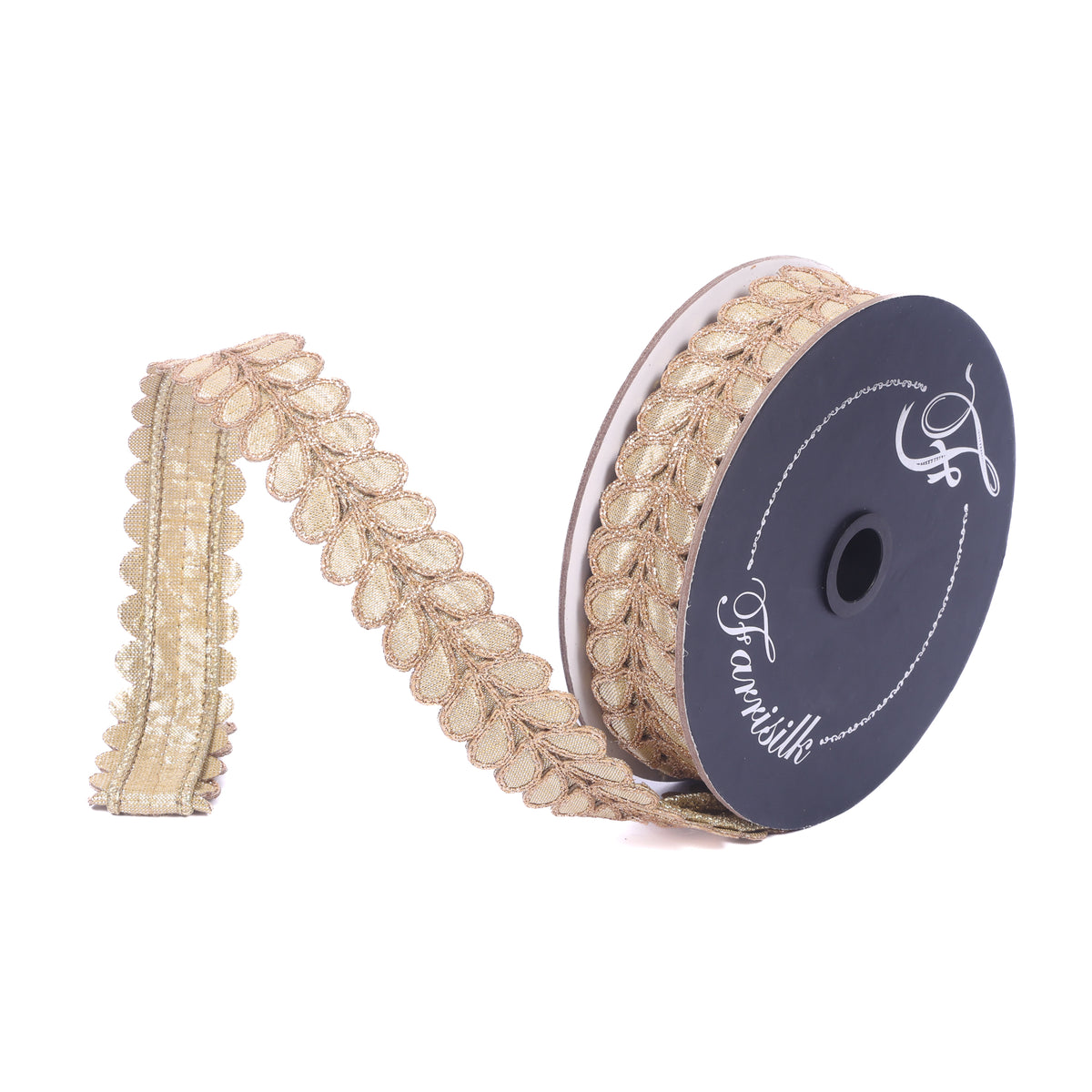 1 inch by 10 yard Gilded Garland Gold ribbon with a leaf-like scalloped edge on a black spool.