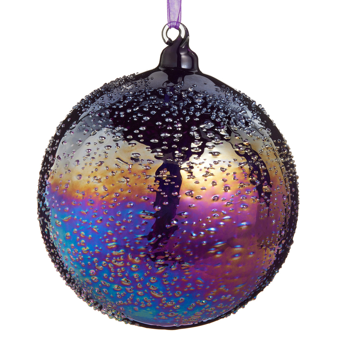 5-inch iridescent purple glass ball ornament with a textured, beaded surface and hanging ribbon.