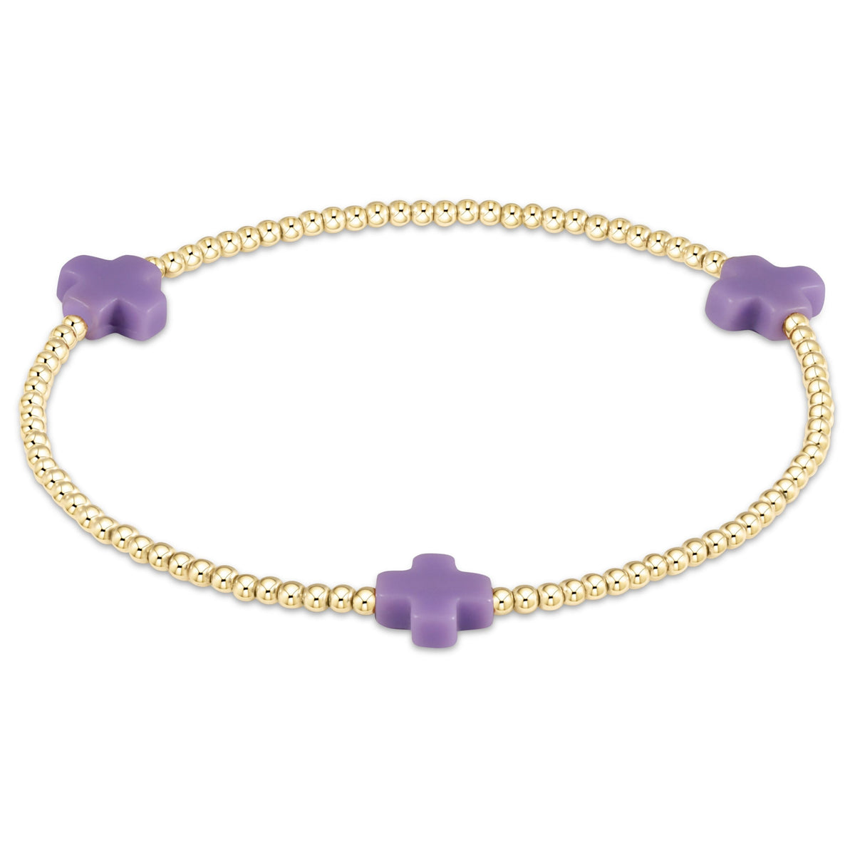 Signature Cross 2mm gold-filled bead bracelet with three purple cross charms.