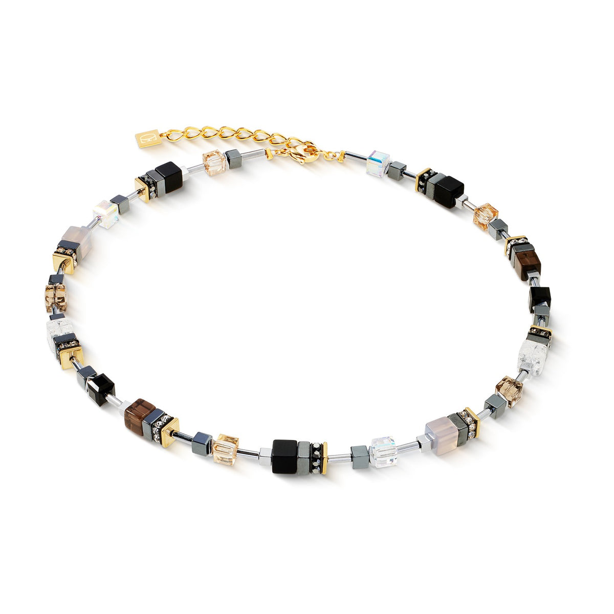 GeoCUBE necklace with gold accents and cube-shaped stones in earth tones, black, and clear crystal.