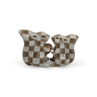 Ceramic salt and pepper shaker set with mocha check pattern in squirrel silhouette.