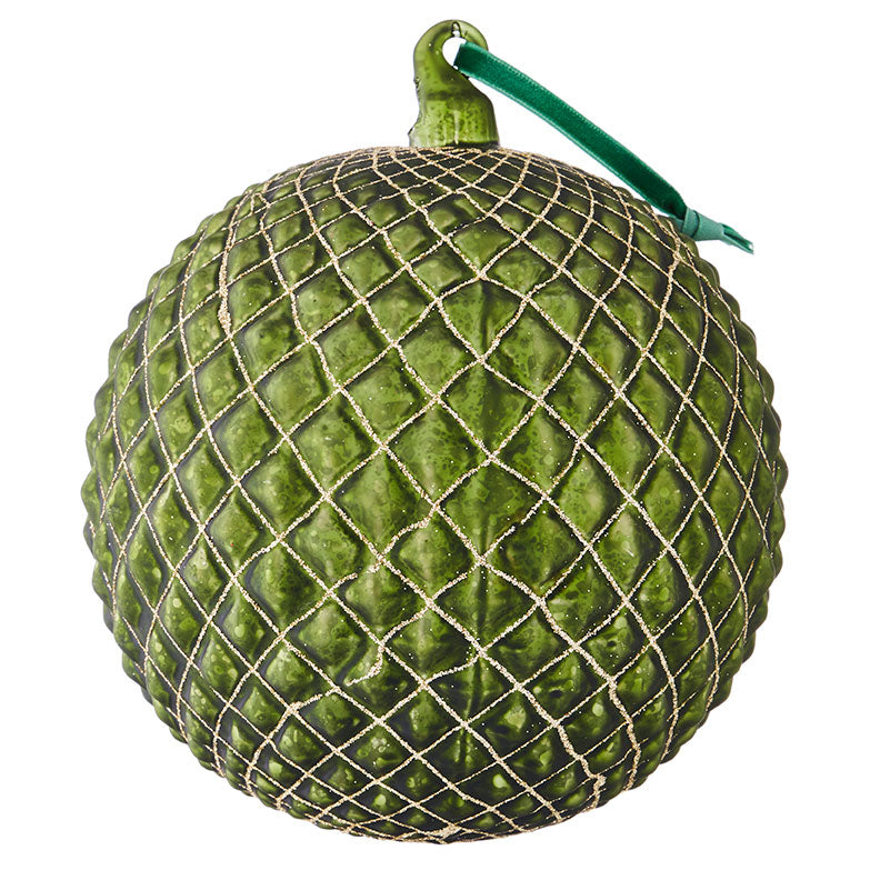 Green glass quilted ball ornament with a spherical shape.