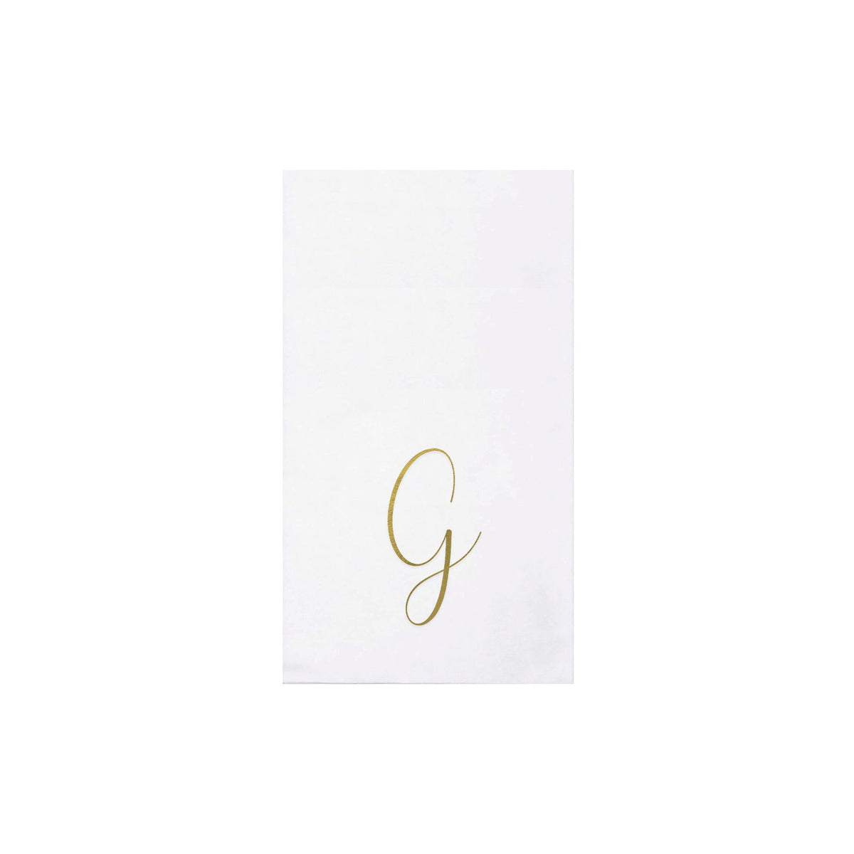 White Papersoft guest towel napkin featuring a gold script monogram letter G.
