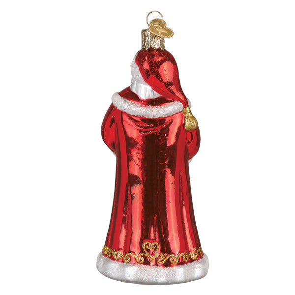 World Peace Santa ornament with a red suit holding an olive branch against a white background.
