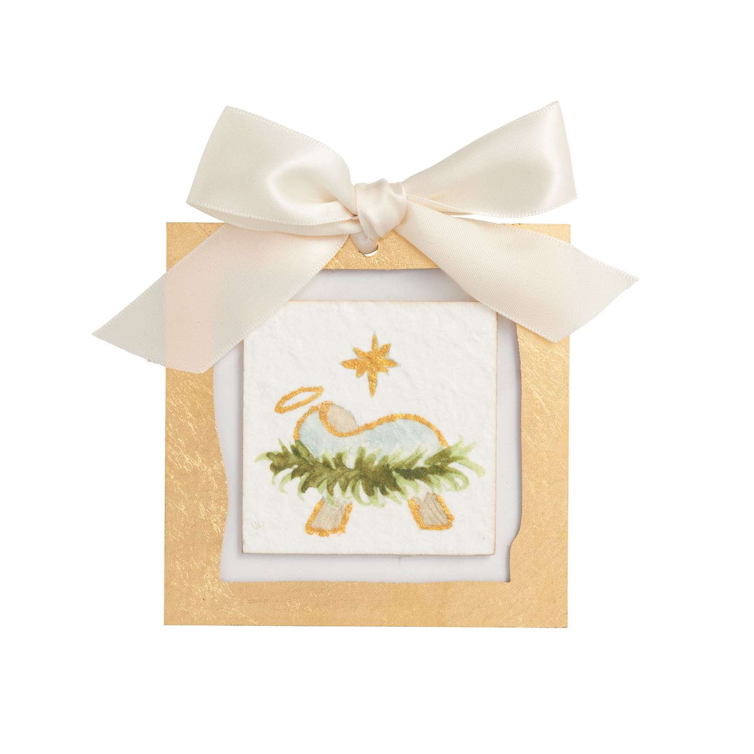 Gold painted acrylic ornament with a nativity scene on recycled paper and a white satin bow.