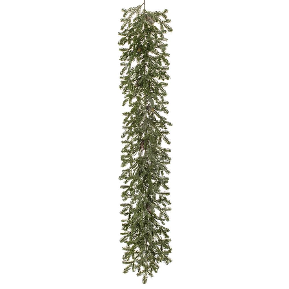 72-inch frosted pine garland with green needles and brown pine cones on a white background.