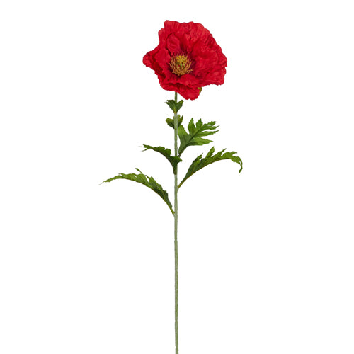 Red polyester foam poppy stem measuring 28 inches long with a realistic flower head and green foliage.