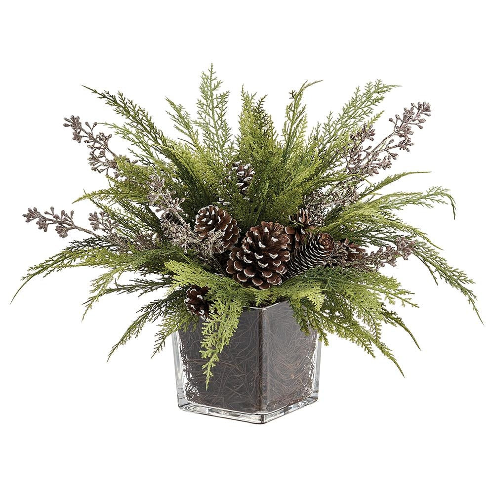 10-inch pine cone and pine greenery arrangement in a square glass vase with brown filler.