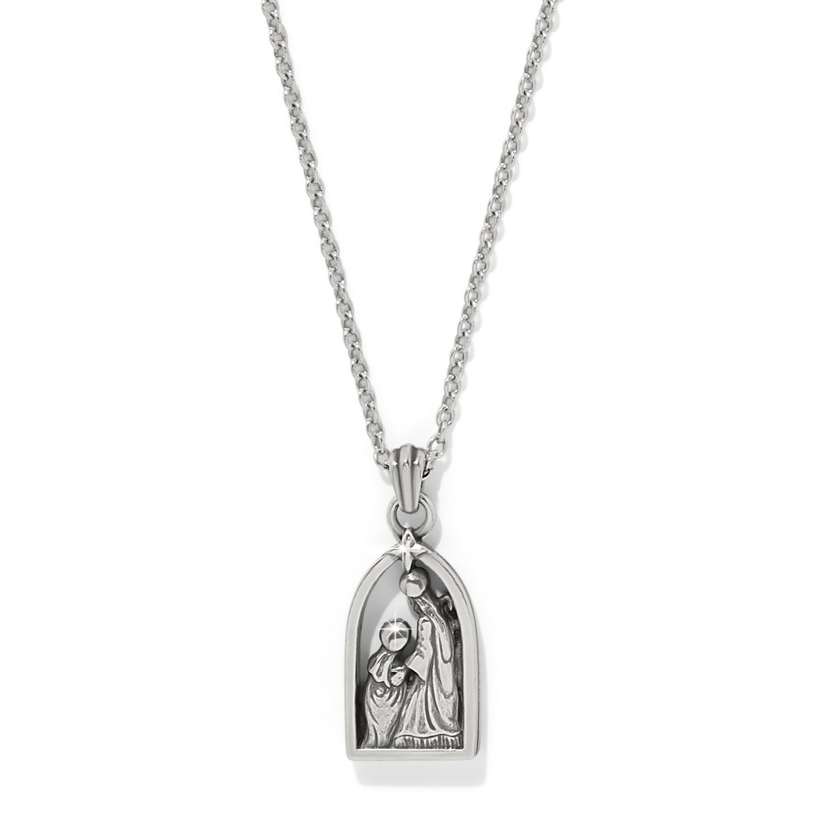 Silver-plated Nativity Necklace featuring an arched pendant with a Mary and baby Jesus scene.