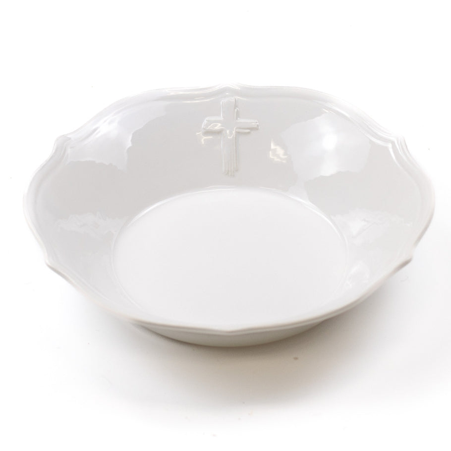 White dolomite serving bowl with cross embossed texture