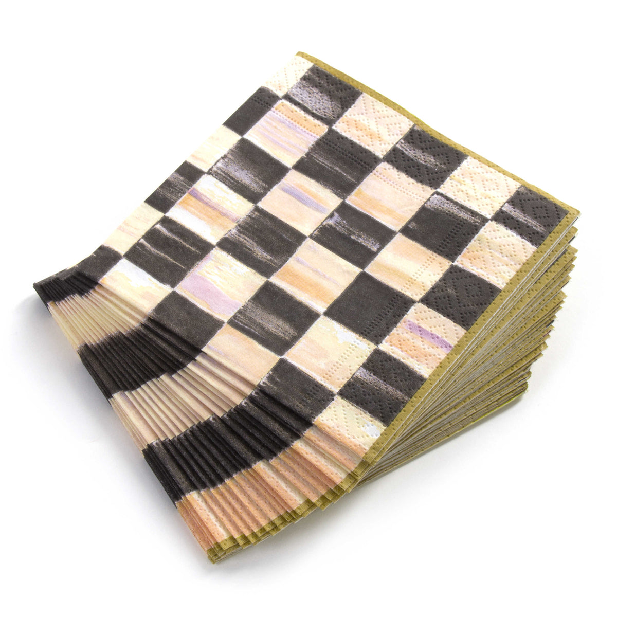 Stack of Courtly Check cocktail paper napkins with a black and gold checkered pattern.