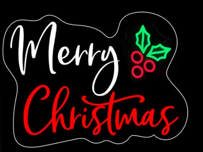 15.7 inch Merry Christmas hanging lighted sign with white and red script and holly berry icon.
