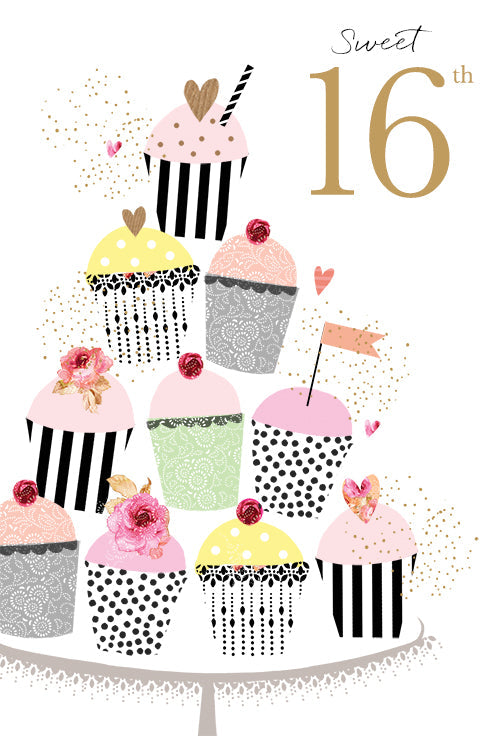 Sweet Sixteen birthday card with glitter foil emboss detailing.
