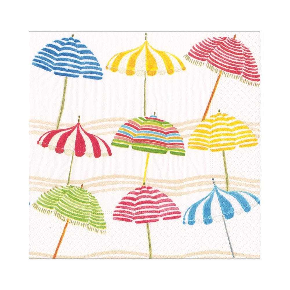 Square paper napkin featuring a colorful pattern of nine striped beach umbrellas on a sandy beach.