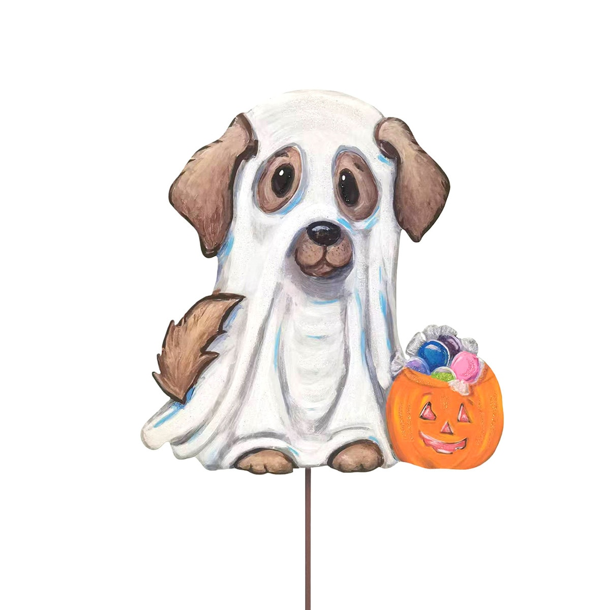A painted garden stake of a brown dog wearing a white ghost sheet next to a jack-o'-lantern bucket.