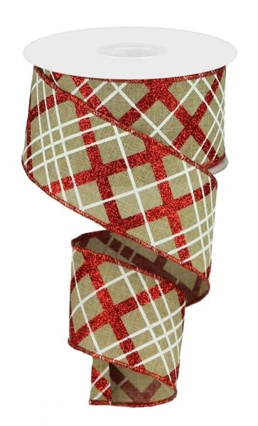 2.5-inch wide beige polyester ribbon with a red glitter plaid pattern and white grid lines.